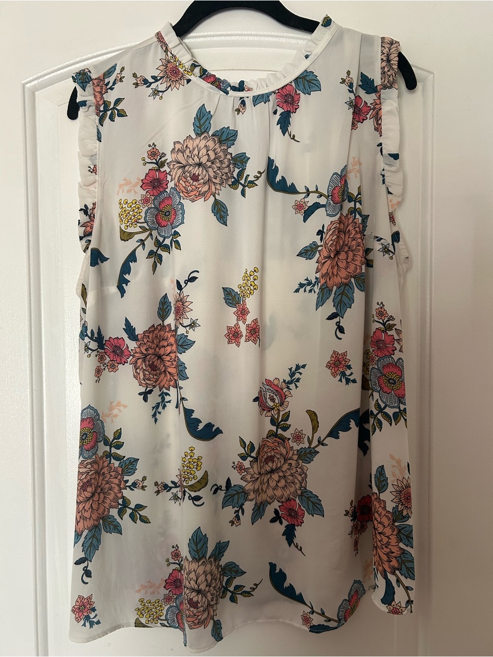 LOFT Cream Floral Sleeveless Ruffle-Trim Blouse